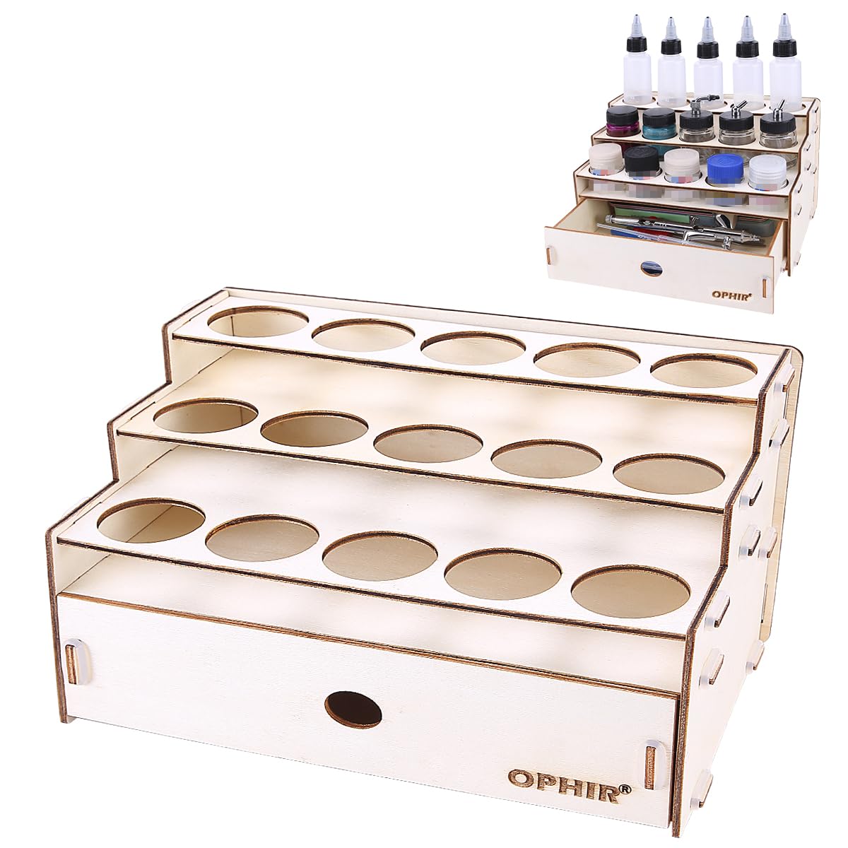 OPHIR Wooden Paint Organizer,Hobby Acrylic Paint Holder with 1 Cabinet Drawer for 15 Bottles of Paints, for Model Paints Bottles Organizer