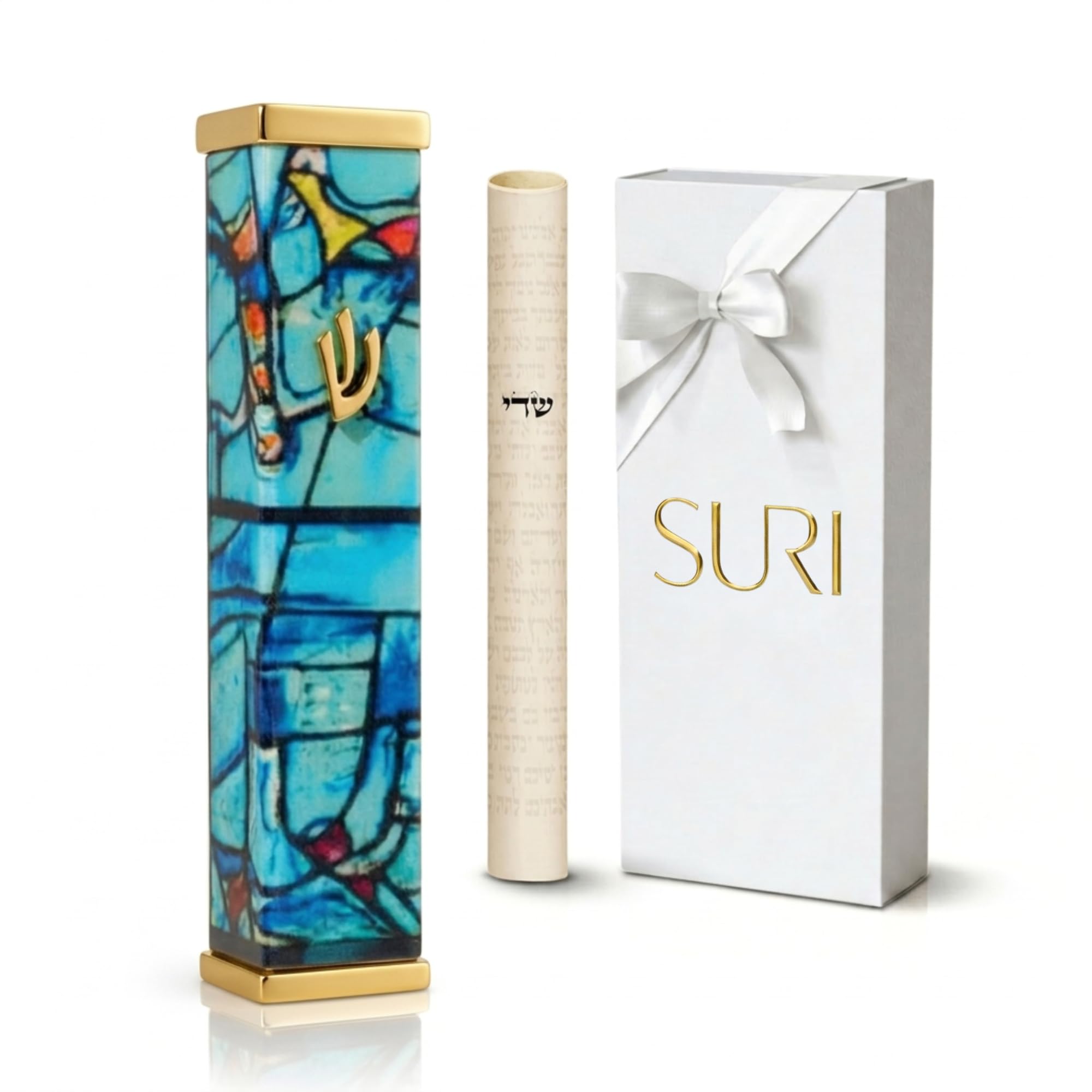 SURI Mezuzah with Scroll for Door – 4 Inch Turquoise Chagall-Inspired 24K Gold-Plated Aluminum Mezuzzah Cover with Printed Scroll, Fits a 3 Inch Scroll, Gift Box Included