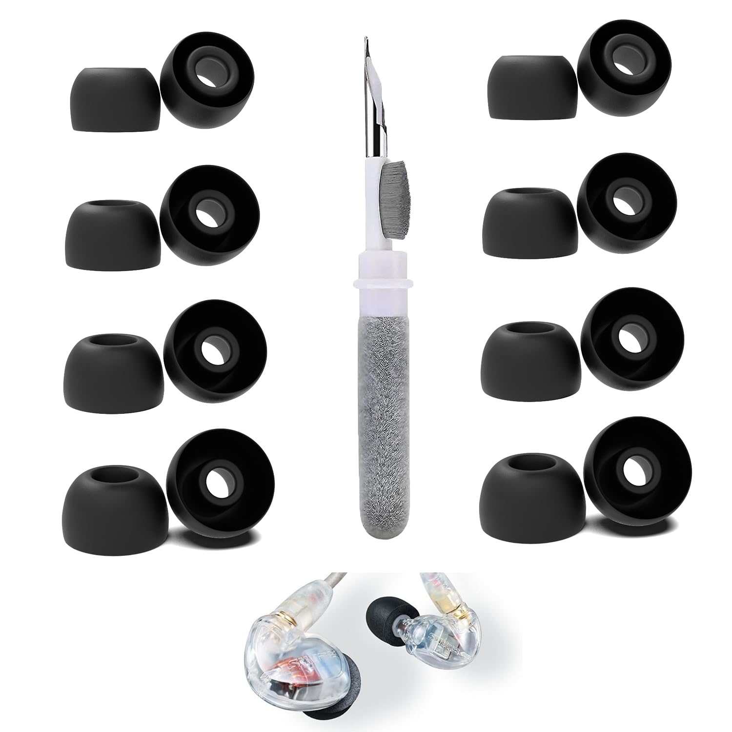 8 Pairs Replacement Ear Tips Compatible with Shure SE425 PRO, with 3 in 1 Cleaner Kit, Silicone Ear Tips (XS/S/M/L)