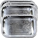 Maro Megastore 20.7-Inch x 14-Inch Oblong Rectangular Trim Floral Pattern Engraved Catering Chrome Plated Serving Plate Mirror Tray Platter Multi-Purpose Party Art Deco (Silver-Large) T156l-4pk