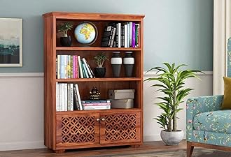 Solid Wood Display Unit Book Shelves for Living Room | Open Bookcase Shelf with 3 Shelf & 2 Door Cabinet Storage | Sheesham Wood, Honey Finish