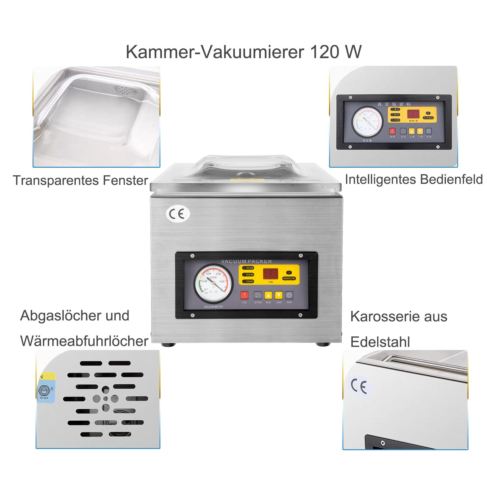 Kammervakuumierer aus Edelstahl Vakuumierer Vakuumiergerät, starke Vakuumpumpe 5L/s Kammer Vakuummaschine Vakuumiermaschine für trockene oder feuchte Lebensmittel