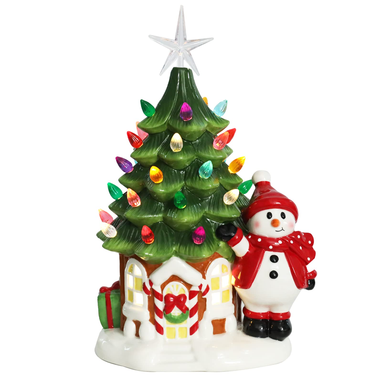 Ovewios Ceramic Christmas Tree, 11” Pre-lit Tabletop Christmas Tree Lights with Snowman, Christmas Decorations with 34 Multicolored Lights and Topper for Indoor Home Tabletop Party Holiday