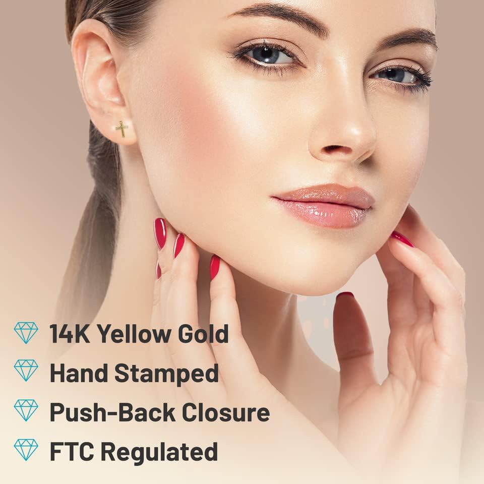 Vista 2 de JewelryWeb Aretes de cruz de oro amarillo de 14 quilates Pendientes de tuerca de fe biselada Pendientes de cruz para mujeres y niñas Joyería