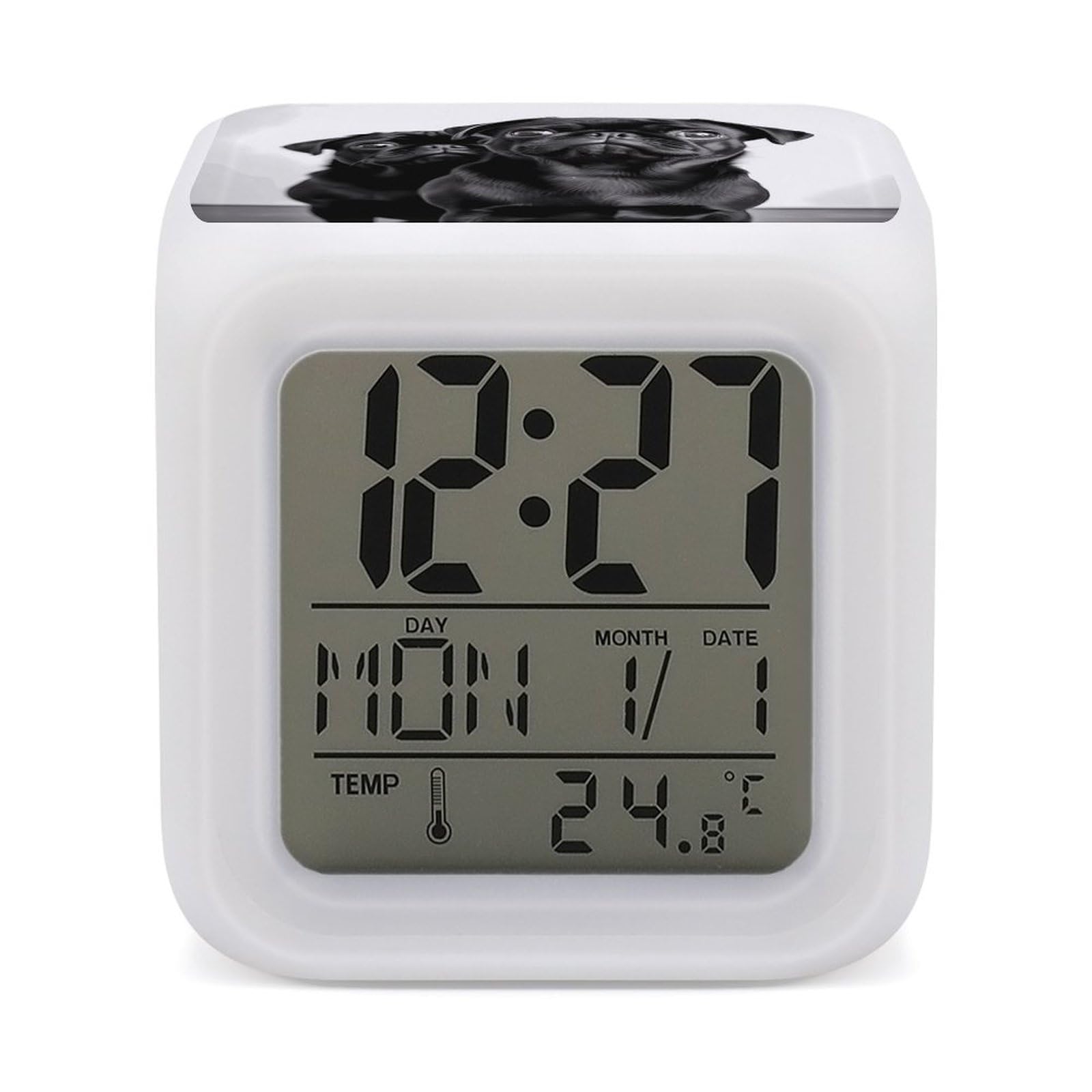 VstaDank Cute Black Pug Dog Alarm Clocks with 7 Color Changing Night Light Exquisite Bedroom Digital Clocks with LED Temperature Display Desk Clock Ok to Wake Clocks for Heavy Sleeper