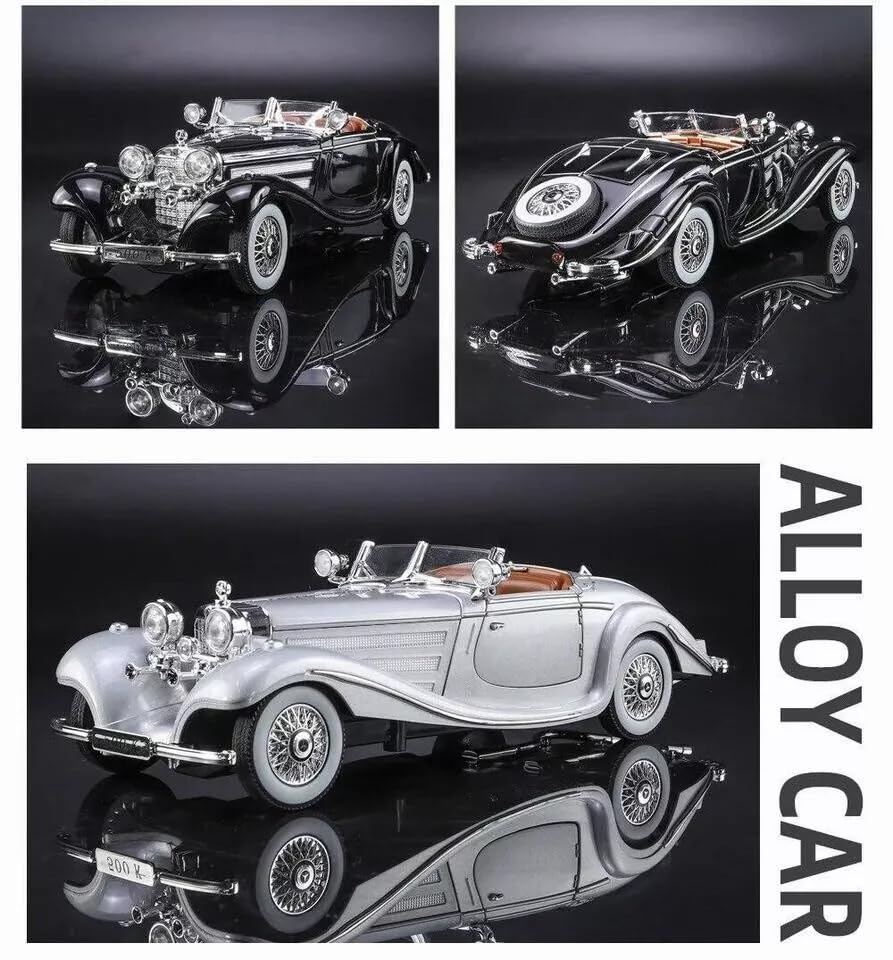 Image of 1:24 Benz 500K Toy Car Model, Diecast Collectible Pull Back Model Car with Sound and Light, Retro Classic Car Toy Gift Vehicles for Adults, Kids, Boys, and Girls (Silver)