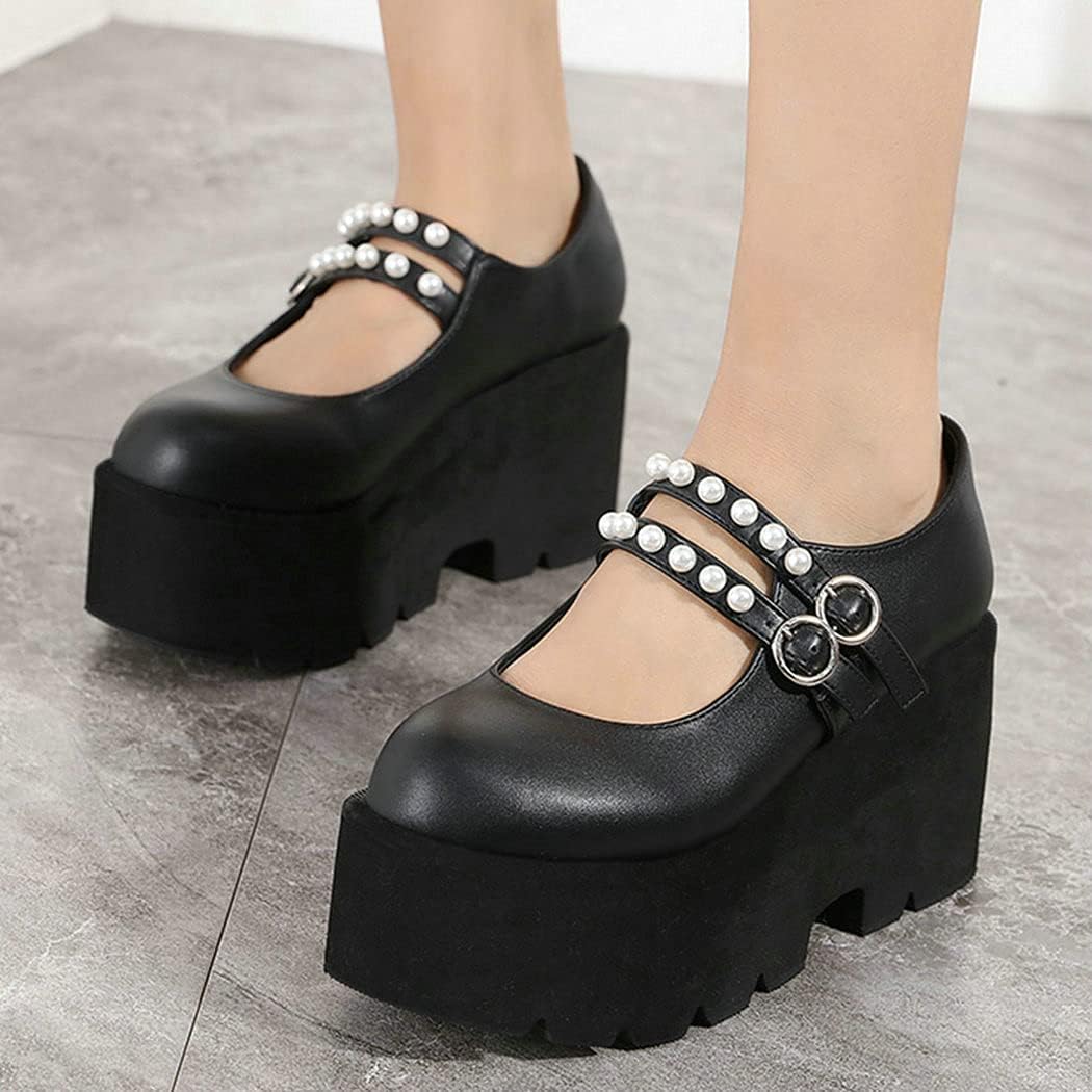 KIKIVIVI Womens Platform Chunky High Heel Mary Jane Double Ankle Strap Goth Pumps