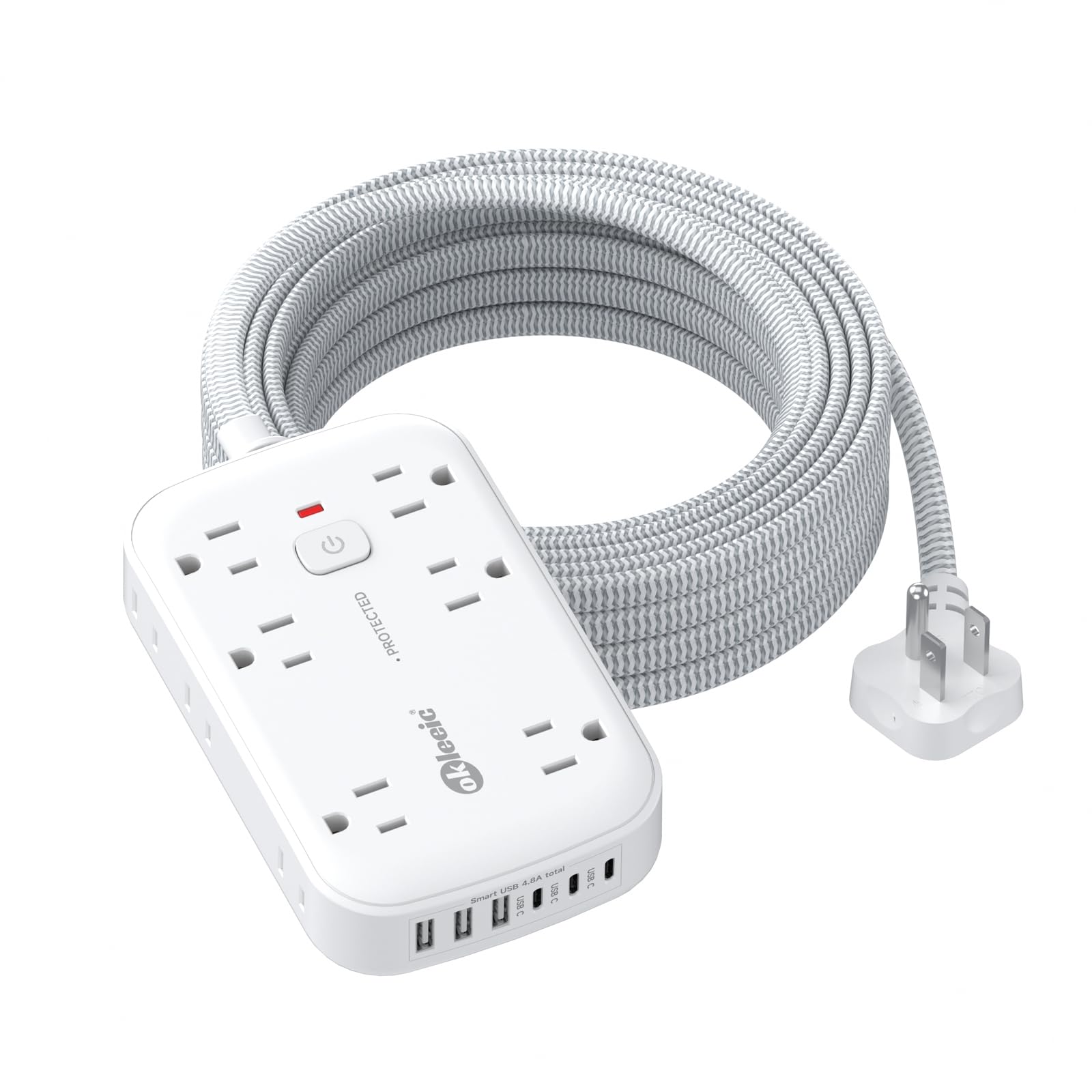 2100J Surge Protector Flat Plug Extension Cord 20 FT with 12 AC Outlets 6 USB Ports 5V/4.8A 24W, 20Ft Long Braided Thin Cord Wall Mount Long Charging Station for Travel Home Office College Dorm