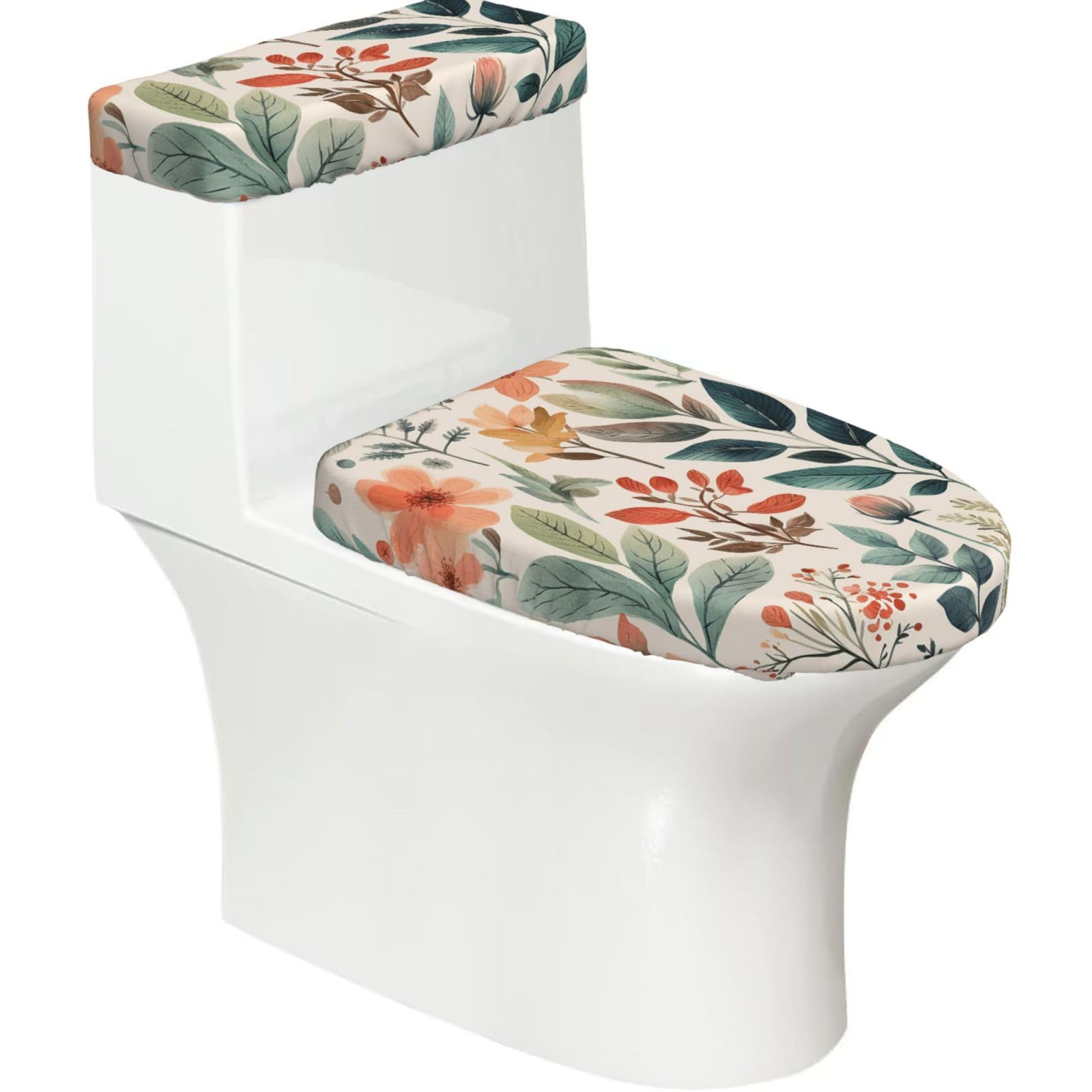 FekiLoot Watercolor Flowers Toilet Lid Cover and Toilet Tank Cover Set of 2,Dust Splash Resistant Toilet Top Covers Soft Washable Toilet Lid Seat Cover for Bathroom Office Home Decor