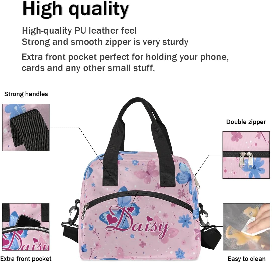 Personalized Butterfly Lunch-Bag for Women, Custom Insulated Cooler Lunch Box with Name, Leakproof-Reusable Lunch Tote Bag for Work Office Picnic - Pink Blue