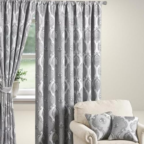 Luxury Full Line Heavy Jacquard Curtains with Tie Backs - Pencil Pleat Curtains for Living Room, Bedroom, or Office - Elegant and Premium Design - Grey - 90x108