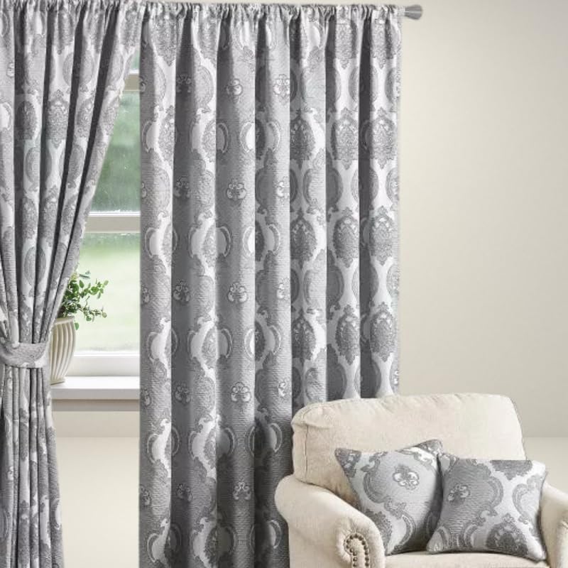 Luxury Full Line Heavy Jacquard Curtains with Tie Backs - Pencil Pleat Curtains for Living Room, Bedroom, or Office - Elegant and Premium Design - Grey - 66x54