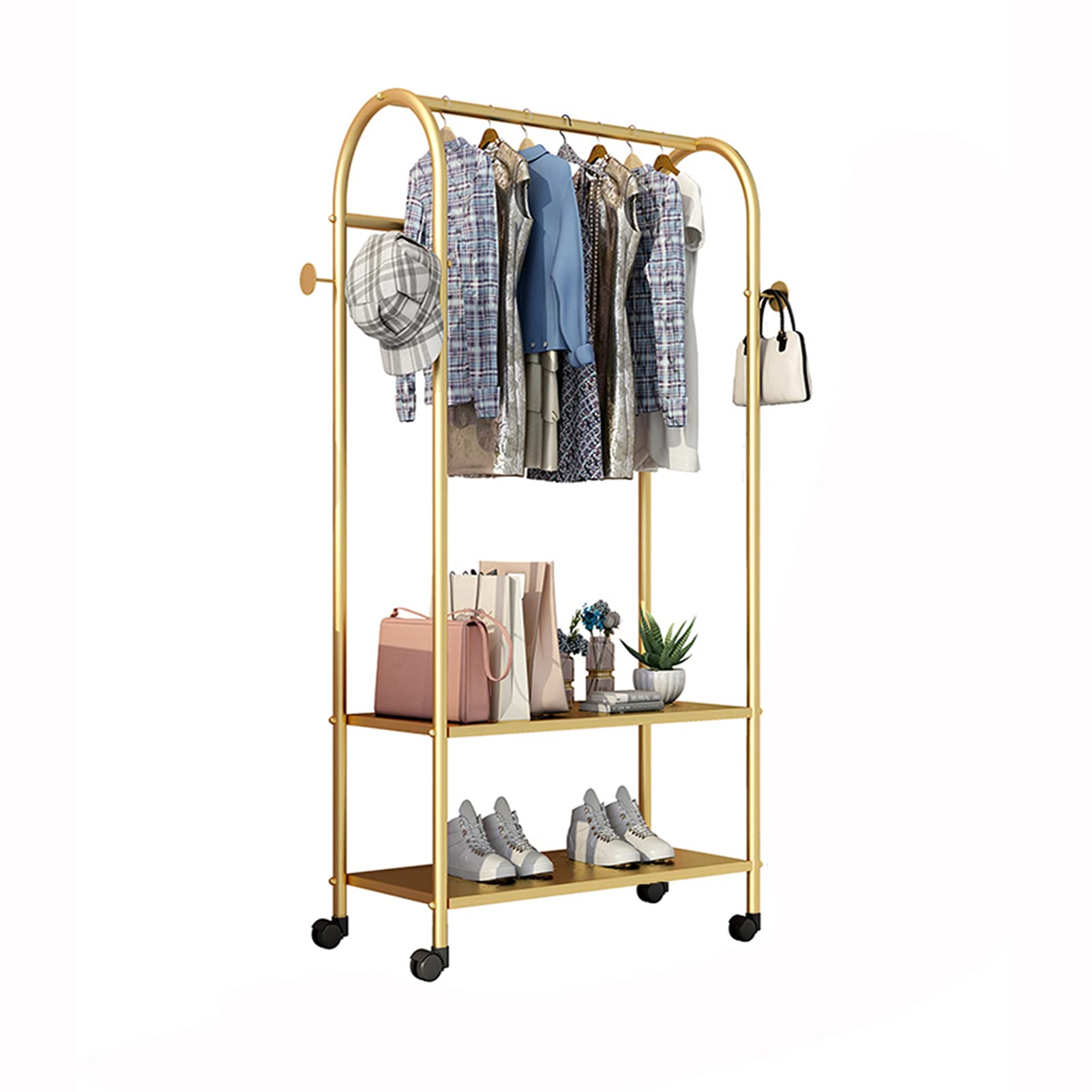 YNBSHGAA Portable Gold Clothing Rack with Wheels and 2 Tier Shelf Rolling Garment Rack for Bedroom Clothes Retail Display Stand 60 * 35 * 160Cm,Gold-60 * 35 * 160Cm