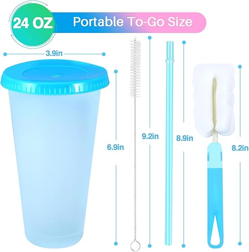 Miniatura 5 de Vasos que cambian de color con tapas y pajitas  Paquete de 12 vasos de plástico reutilizables de 24 onzas con tapas y pajitas para fiestas de