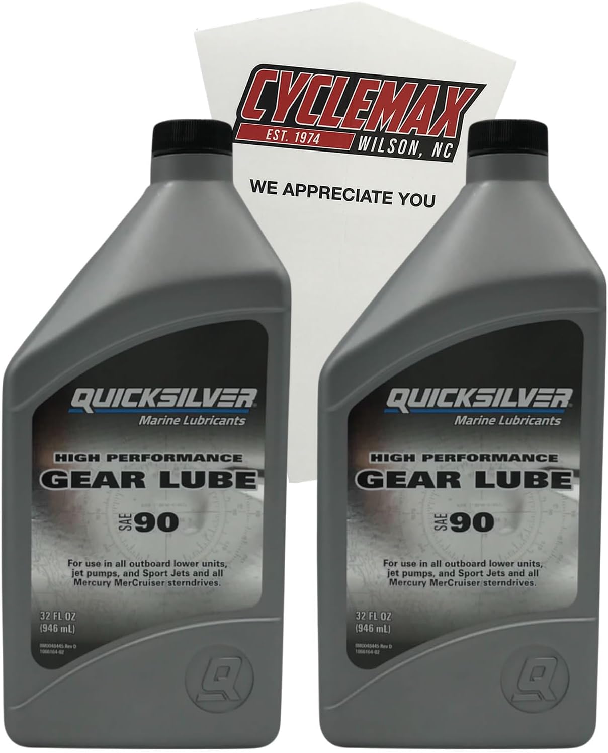 Cyclemax Two Pack compatible with Quicksilver High Performance Gear Lube SAE90 Quarts 8M0222065 Contains Two High Performance Gear Lube SAE90 Quarts and a Funnel