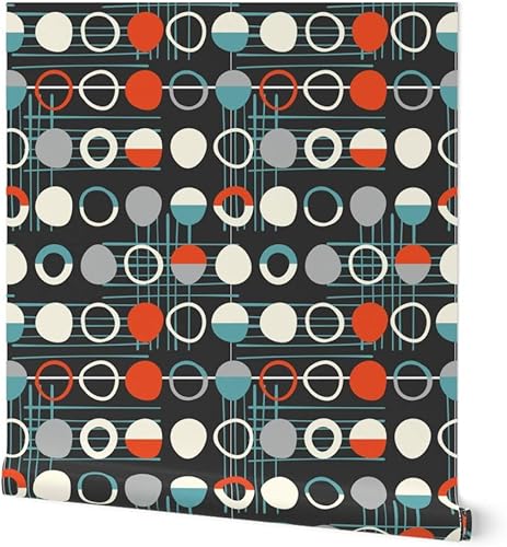 Spoonflower Peel & Stick Wallpaper 12ft x 2ft - Mid Century Modern Retro Abstract 1950S Circle Circles Geometric Lines Vintage Kitchen Custom
