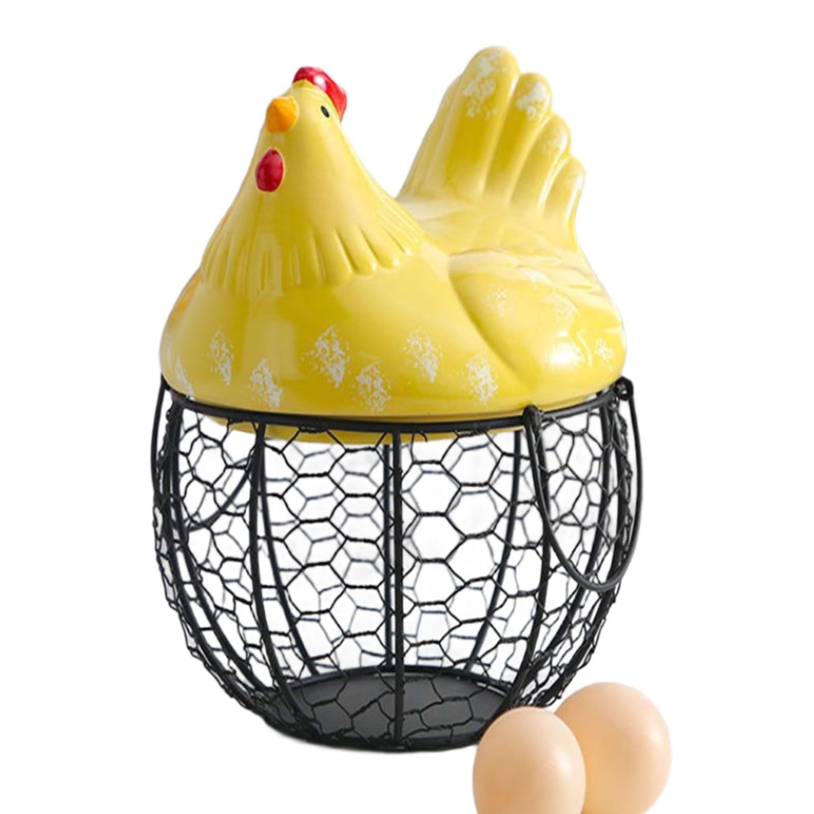 Cesta Para Huevos De Gallina, Cesta De Alambre Negro Con Tapa De Cerámica Para Recoger Huevos Frescos, Bonito Recipiente De Almacenamiento De Huevos De Estilo Rústico Para Cocina(Yellow,L)