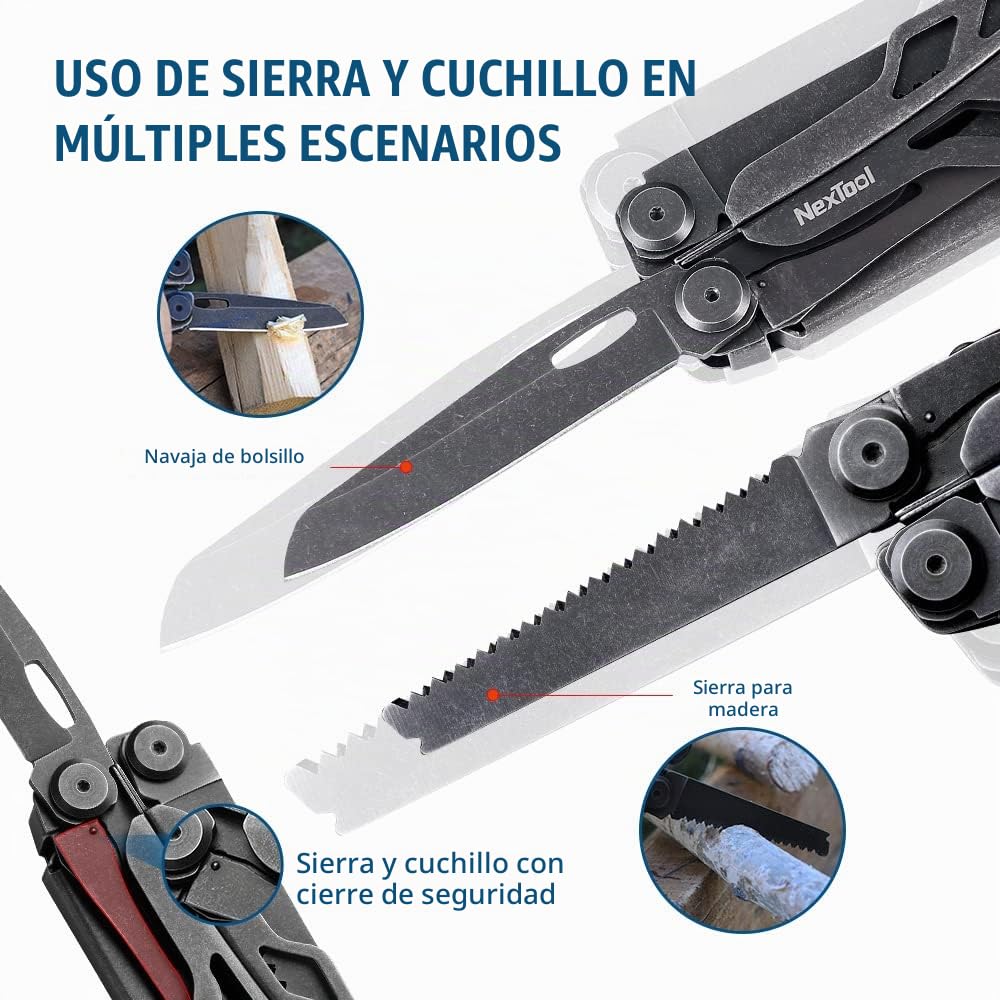 NexTool Flagship Pro Herramienta Multiusos, 16 en 1 Multiherramienta con Tijeras, Cuchillo, Sierra, Destornillador Phillips/Plano, Escala Graduada, Abrebotellas/Latas, Pelacables, Rompecristales-Negro