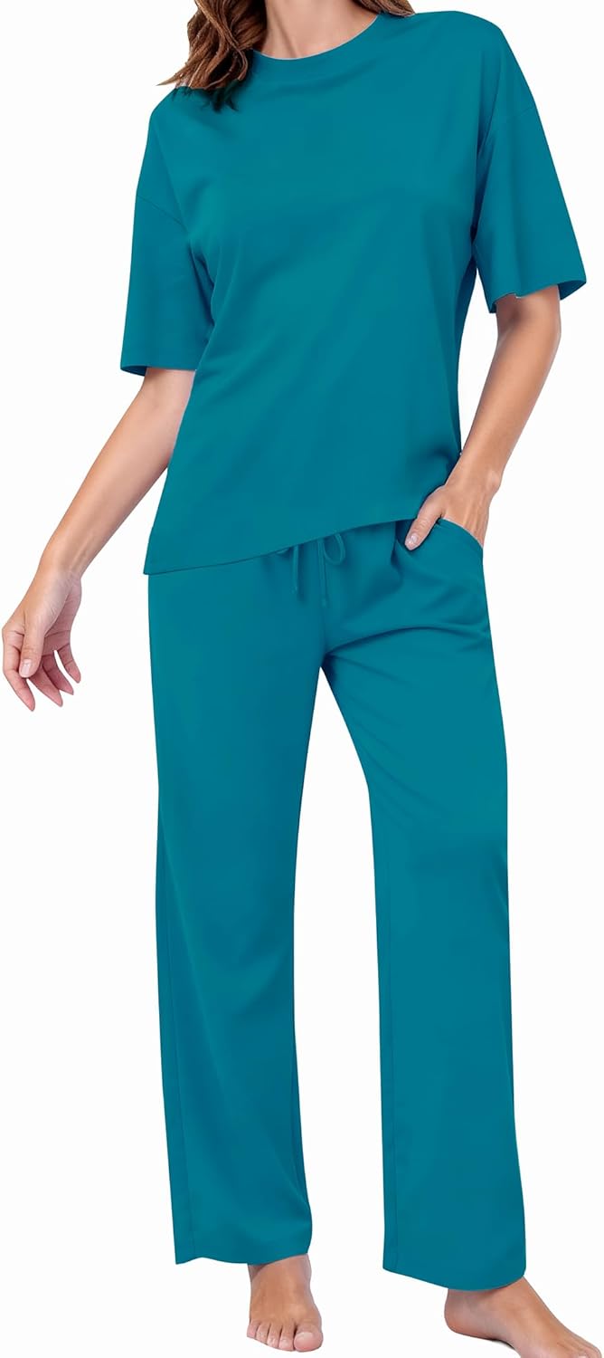PATPAT Lounge Sets for Women Short Sleeve Pajama Set Soft Comfy Elastic Pjs 2 Piece Loungewear Outfits with Pockets Turquoise, XXL