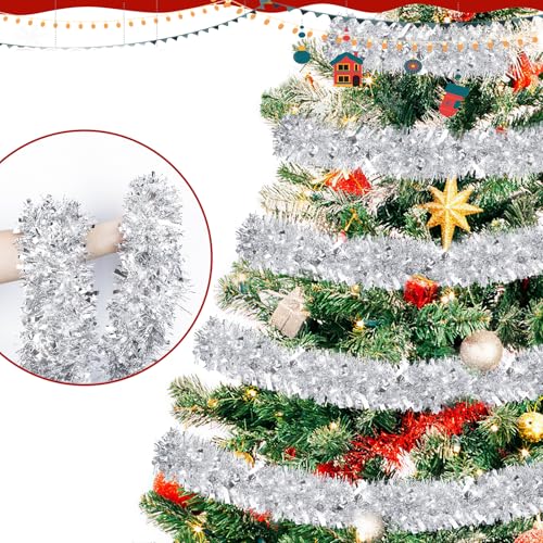 Image of 50FT Silver Christmas Tinsel Garland - Metallic Tinsel Glitter Twist Garland Hanging Streamers for Xmas Tree Garlands Decorations