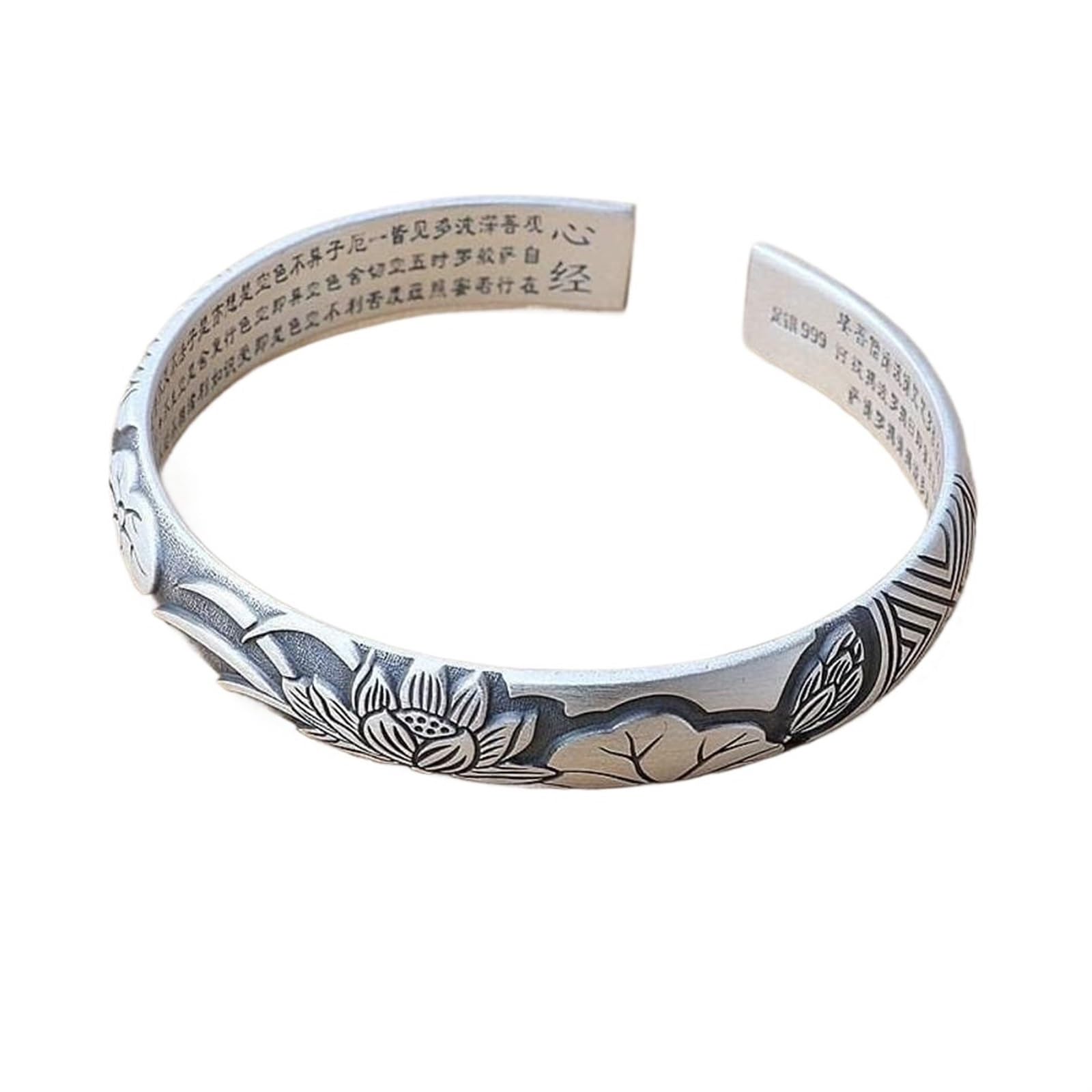Bracciale in argento, bracciale rigido alla moda, bracciale rigido in argento 999 opaco con goffratura Bracciale aperto con fiori femminili Bracciale con detti buddisti antichi confezionato in scatola