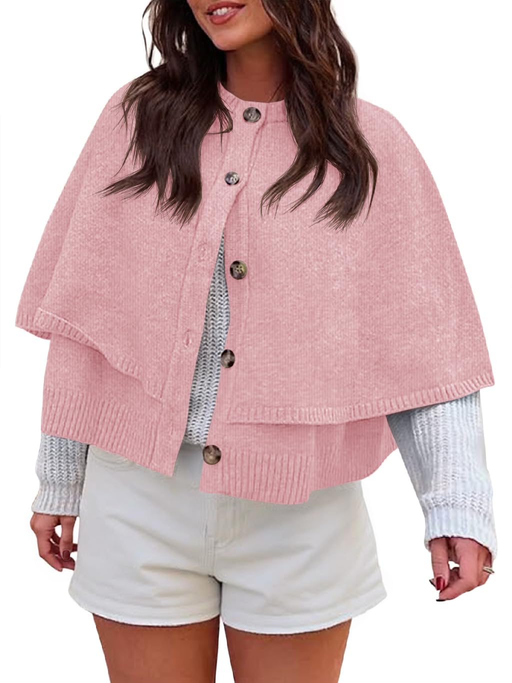 Saodimallsu Womens Cropped Cape Cardigan Button Up Crew Neck Jacket Shawl Fall Trendy Knit Sweater