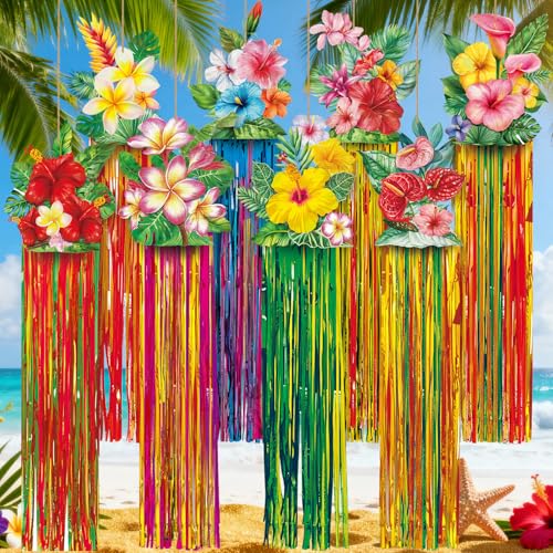 Image of Affrolling 8 Pcs Hawaiian Luau Party Decoration Tropical Flower Hanging Decorations with Tassels for Hawaii Luau Tropical Floral Birthday Party Supplies 3.3 ft Outdoor Summer Door Banner Sign Decor