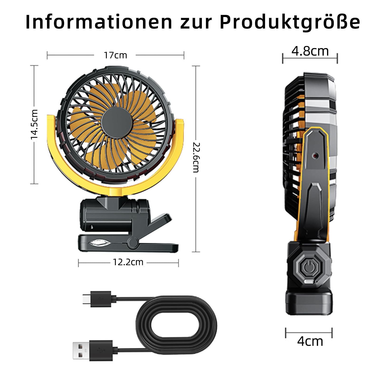 Auto Clip Ventilator mit Akku,USB C Aufladbar Leise Fan Portable Klein Klemmventilator,360° Verstellbar 3 Stufen Stark Autositz Lüfter für Car, SUV, PKW, LKW, Wohnmobil, Pickup, Van(Gelb)