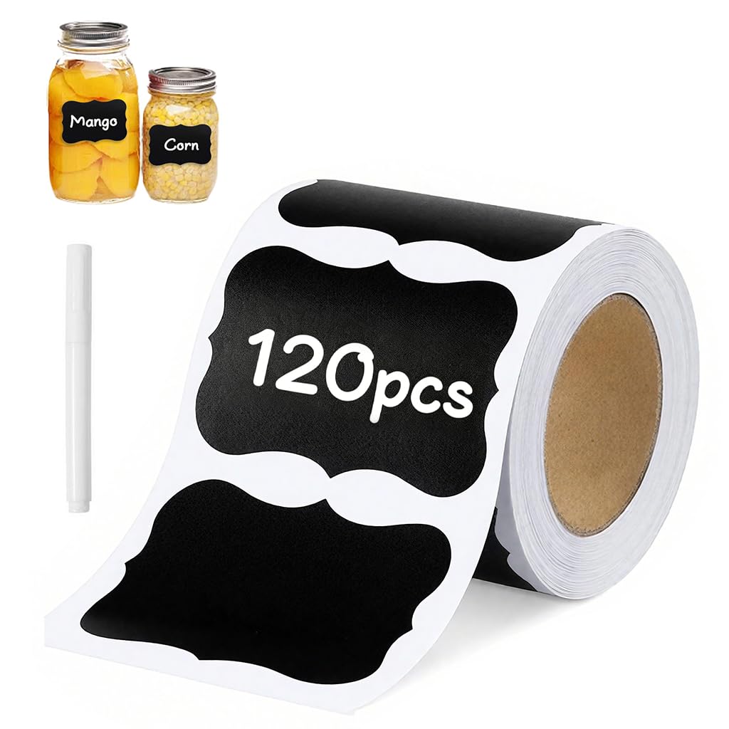 300PCS Chalkboard Stickers with White Marker Pen, Self Adhesive Reusable Black Labels for Jars, Pantry and Spice Containers, Bottle and Jam Jars, Kitchen Storage, Blackboard Sticker Set (120PCS)