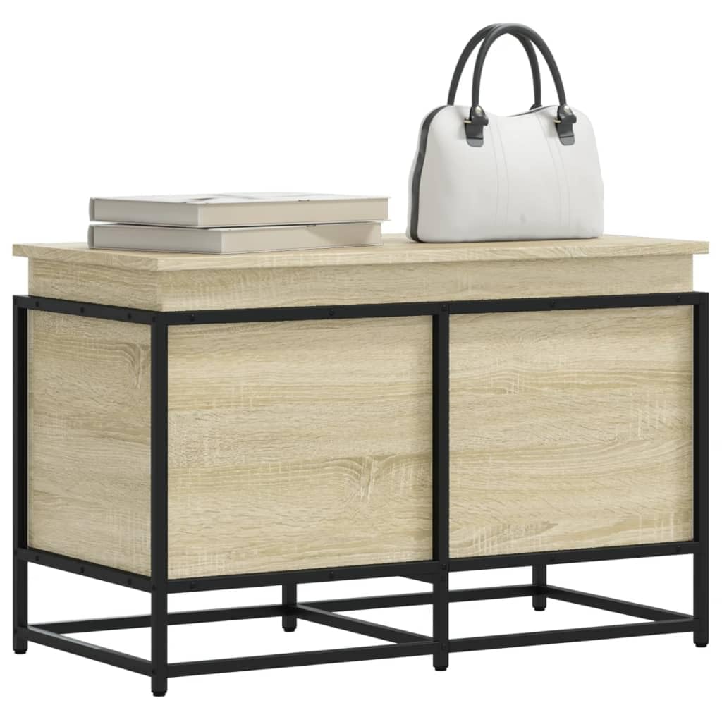 Homgoday Caja con tapa de roble Sonoma, 80 x 40 x 51,5 cm, aglomerado, muebles de baúles y baúles, contenedor de jardín, porta herramientas de jardín, puf de exterior, baúl de exterior