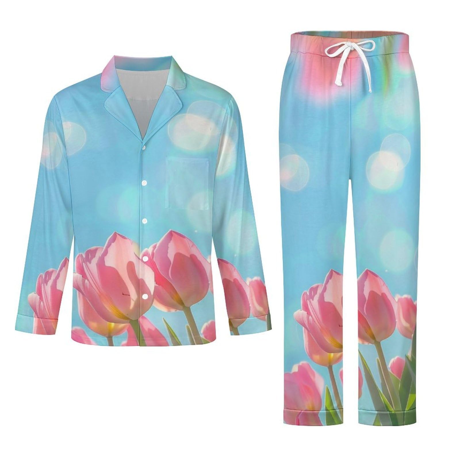 Pigiama da Uomo in Campi di Tulipani Rosa, Due Pezzi Set Completo con Camicia a Maniche Lunghe Bottoni e Pantaloni con Tasche Abbigliamento Casa Blu