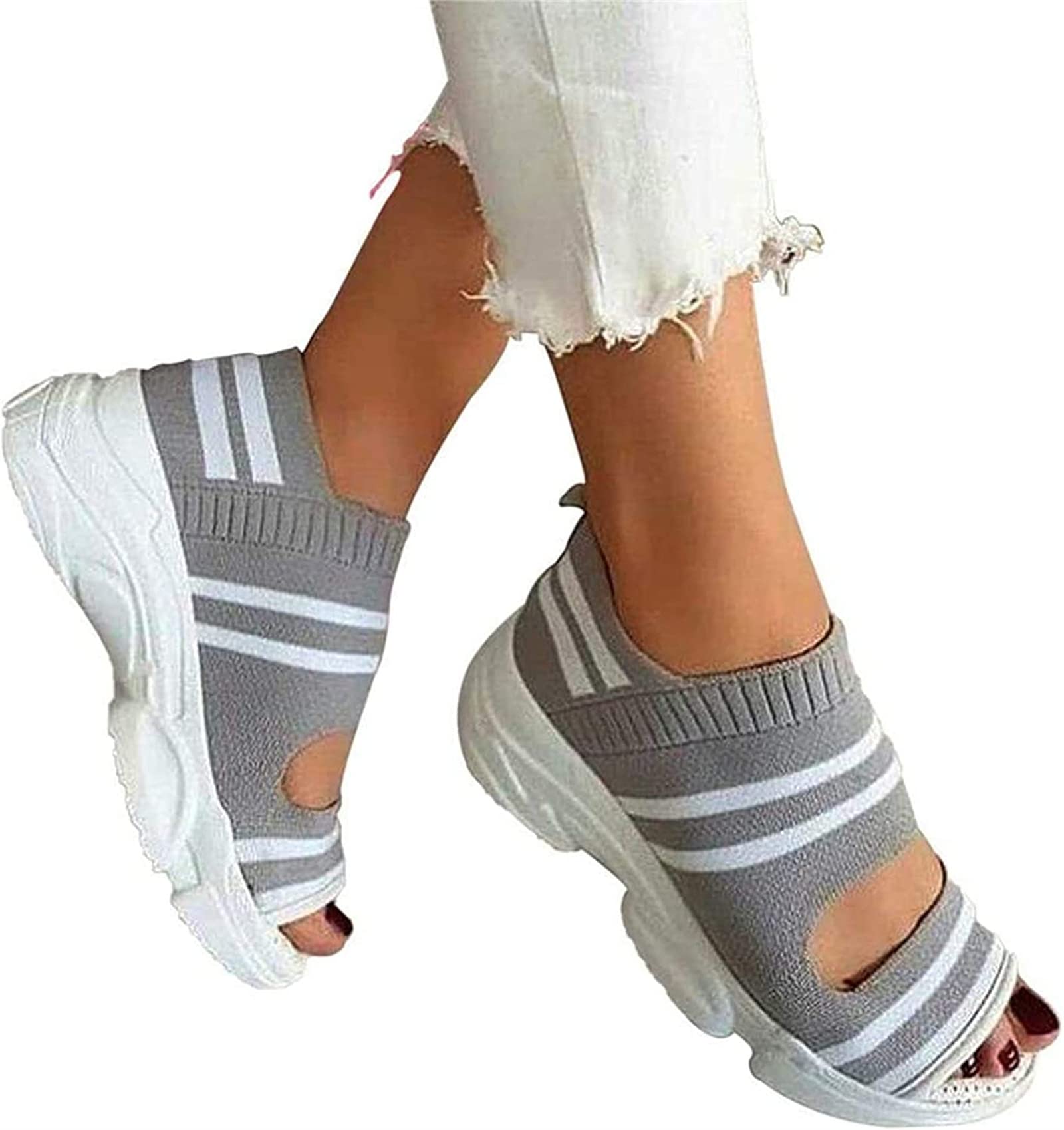 ISZI Orthopedic Sandals for Women Summer ​Shoes ​Premium Open Toe Sandals Comfy Sports Knit Sandals Washable Slingback Fish Mouth Platform Shoes Beach Casual,White,US8/EU39