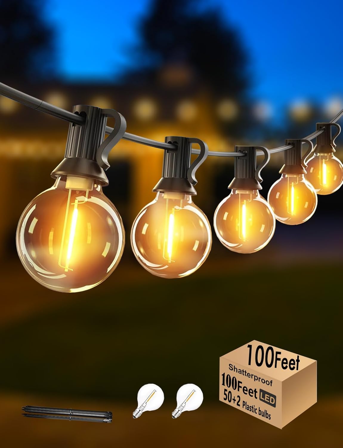 100FT Outdoor Globe String Lights LED Waterproof G40 String Lights Connectable with 52 Shatterproof Bulbs Dimmable Patio Lights String for Bistro Backyard Gazebo Lights