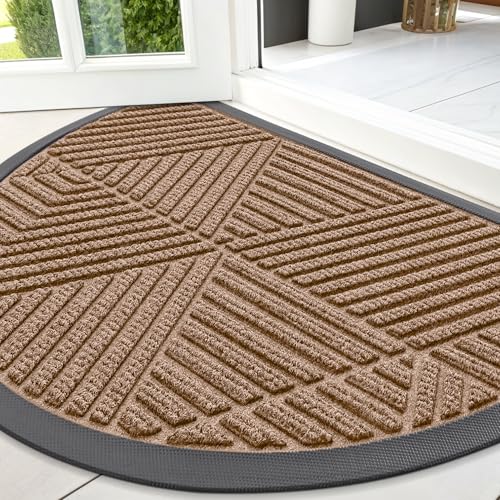 Image of Smiry Half Circle Front Door Mat Outside Entrance, Heavy Duty Sturdy Natural Rubber Doormat, Trap Dirt and Moisture, Low Profile Mats for Indoor Outdoor Entry, Irregular Triangle (47x32, Coffee)