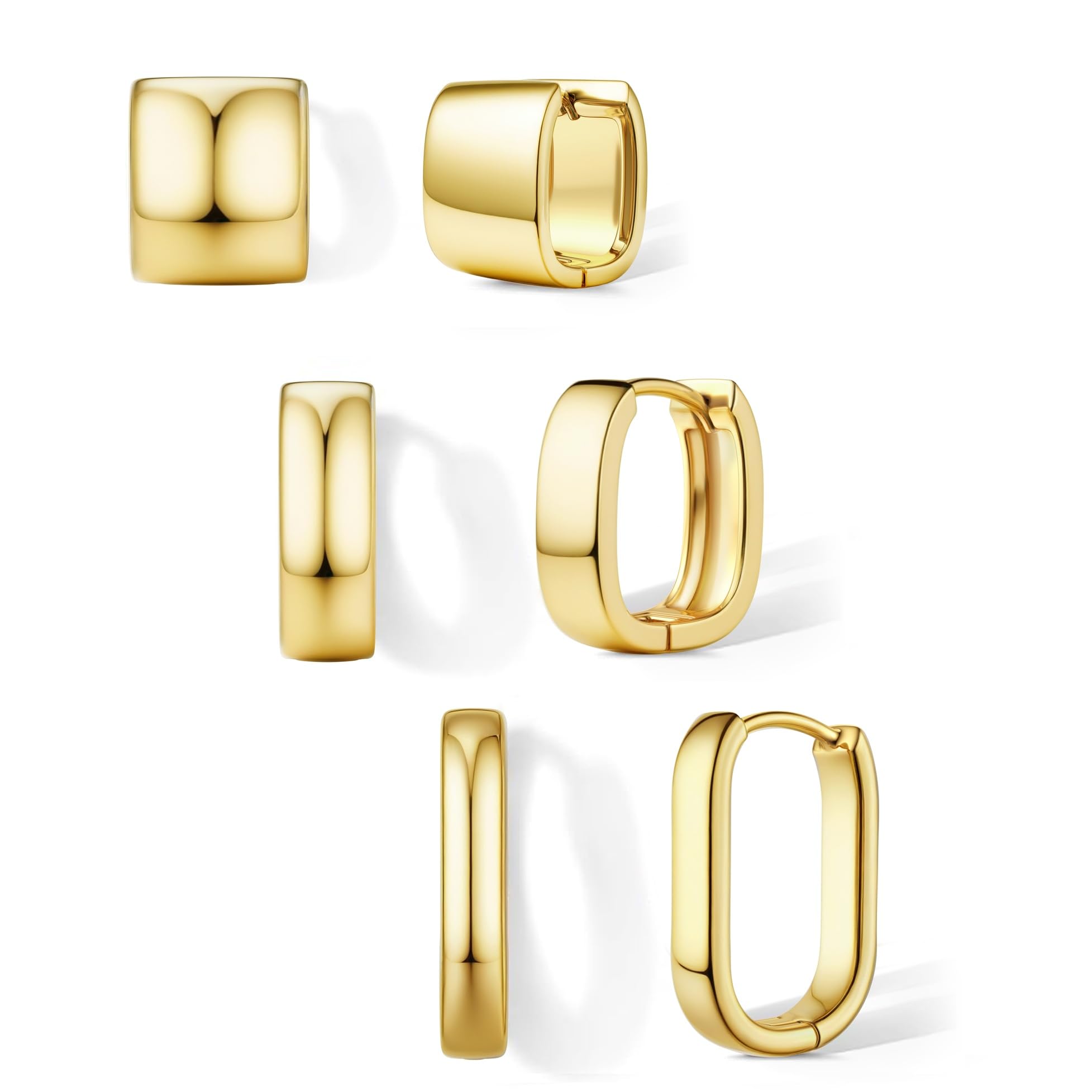 Florideco 3Pairs Chunky Hoop Earrings Set 14K Gold Plated Hoops Earrings for Women Trendy Small Thick Huggie Hoops Earring Lightweight Silver Plated