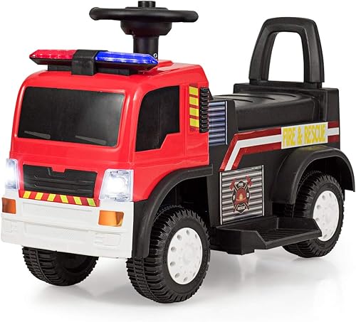 Costzon Camión de bomberos para niños, vehículo eléctrico con batería de 6 V con faros de sirena, bocina, música, movimiento hacia adelanteatrás,