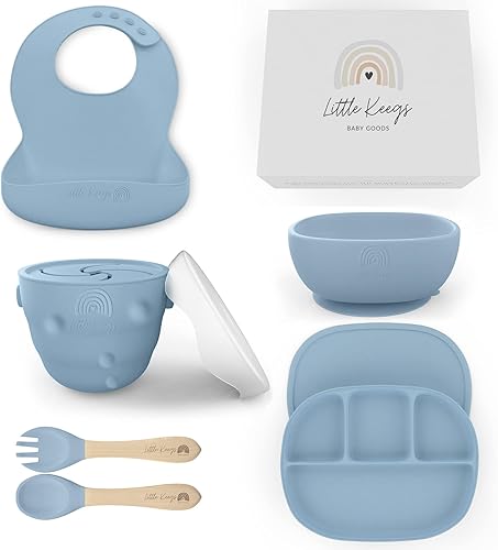 Little Keegs Juego de alimentación para bebés, color azul polvoriento, 8 piezas, silicona sin BPA, apto para microondas y lavavajillas