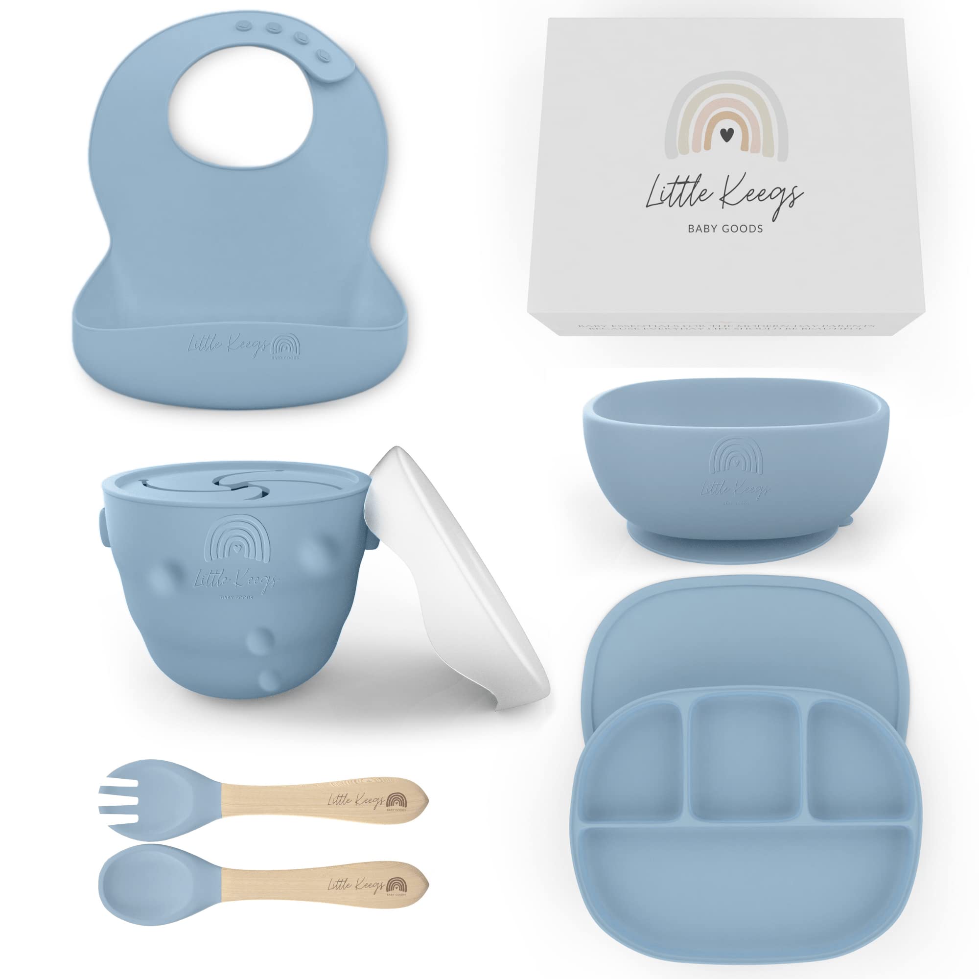 Little Keegs Baby Feeding Set - Dusty Blue, 8 Piece, BPA Free Silicone, Microwave and Dishwasher Safe