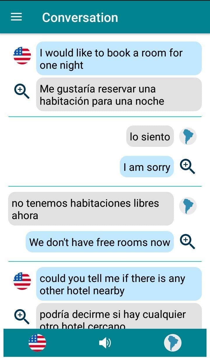 Vasco Translator screen showing a conversation interface with speech bubbles in two languages, English and Spanish, demonstrating a dialogue.