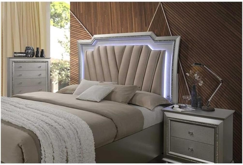 HomeStock Mountain Lodge Queen Bed in PU and Champagne with 91" x 67" x 69"H Lighting Headboard Crystal Trim Padded Panels Wood Legs and Built in Storage Drawers
