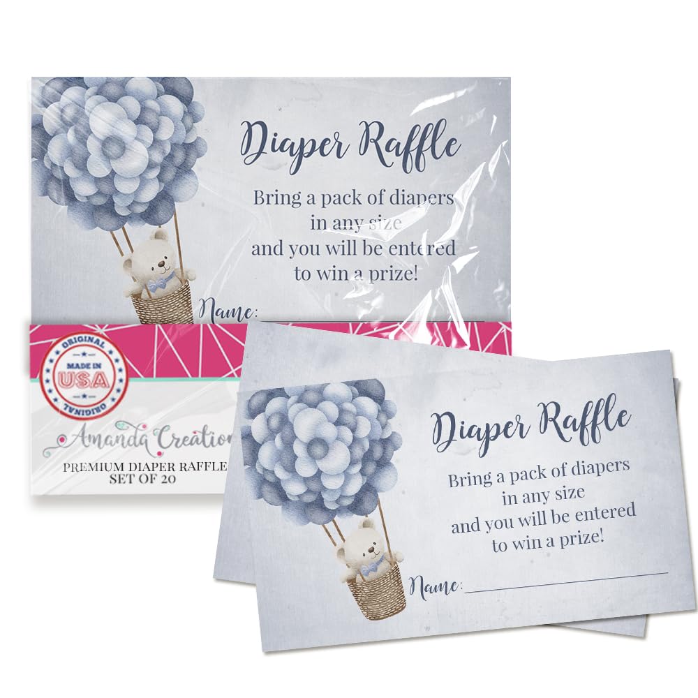 Amanda Creation Diaper Raffle Tickets for Baby Shower – Pack of 20 2” X 3.5” Blue Teddy Bear Double Sided Game Cards, Stock Up on Diapers Only Made in the USA