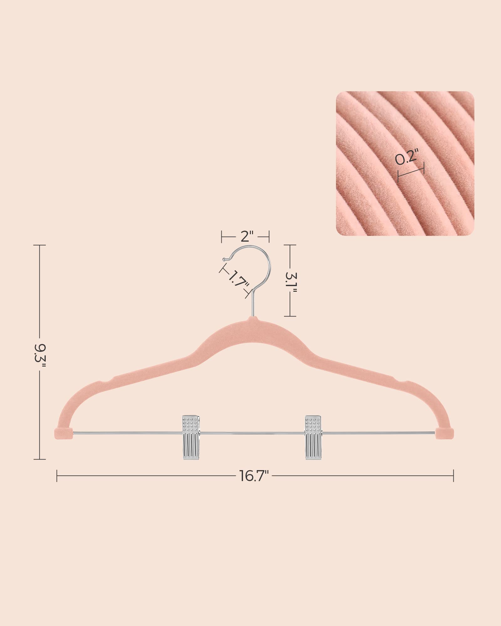 SONGMICS Paquete de 30 Perchas de Terciopelo de 16.7 Pulgadas de Largo con Clips Ajustables, Resistentes, Antideslizantes, Ahorro de Espacio para Pantalones, Faldas, Abrigos, Vestidos, Rosa Claro