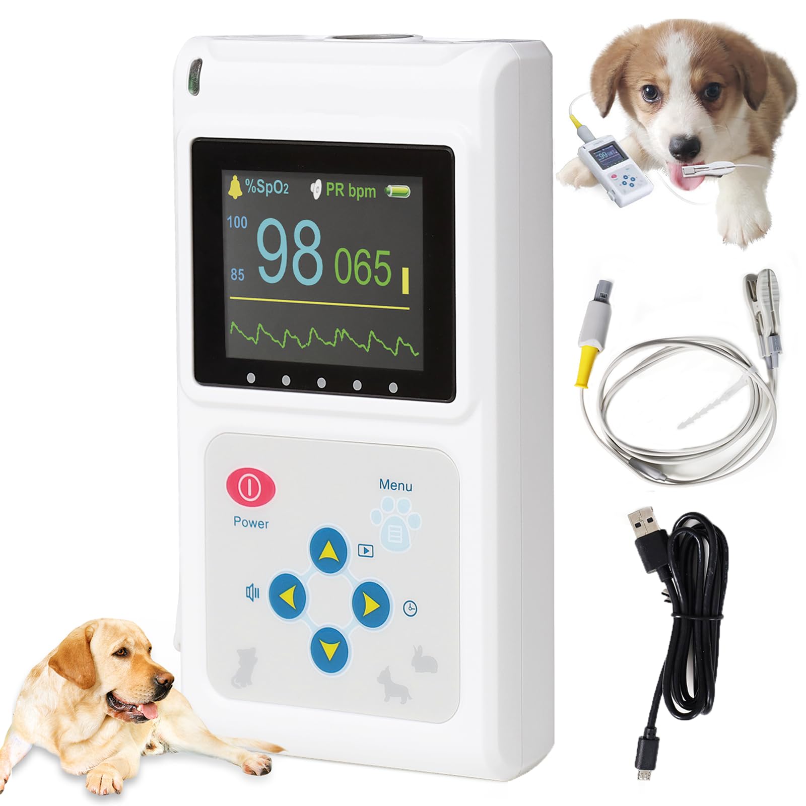 Pulsoksymetr weterynaryjny, przenośny pulsoksymetr Vet SPO2 Pulse Rate Monitor Ear/Tongue SPO2 Sensor do stosowania w szpitalach rodzinnych i dla zwierząt itp., funkcja przechowywania i odtwarzania