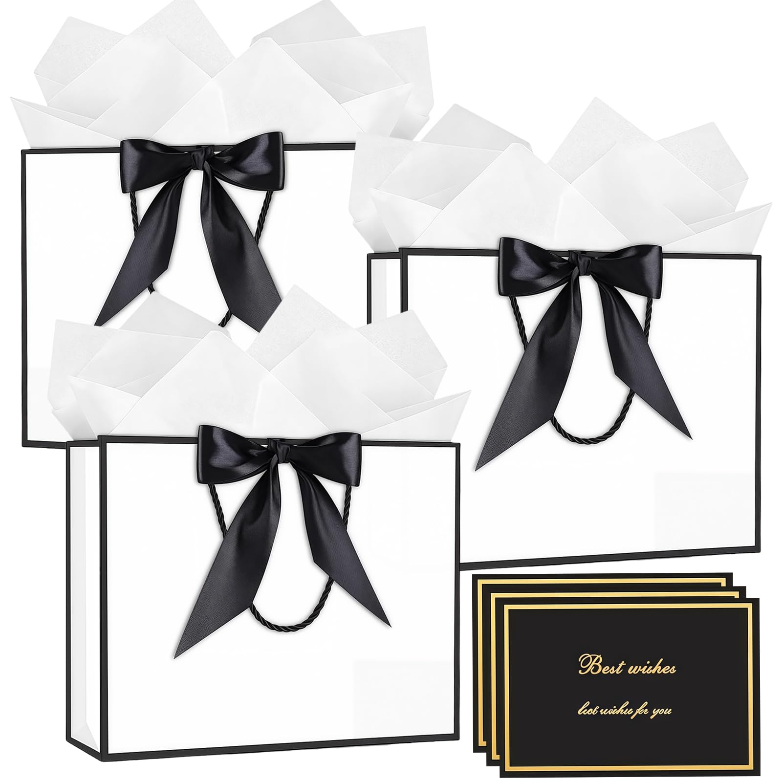 Gift Bags with Handles, 3 Packs Medium Paper Present Bags, Includes 6 Tissue Paper and 3 Greeting Cards for Kids Adult Men Women's Birthday, Wedding, Valentines, Bridesmaid Party(White Black - 3pcs)
