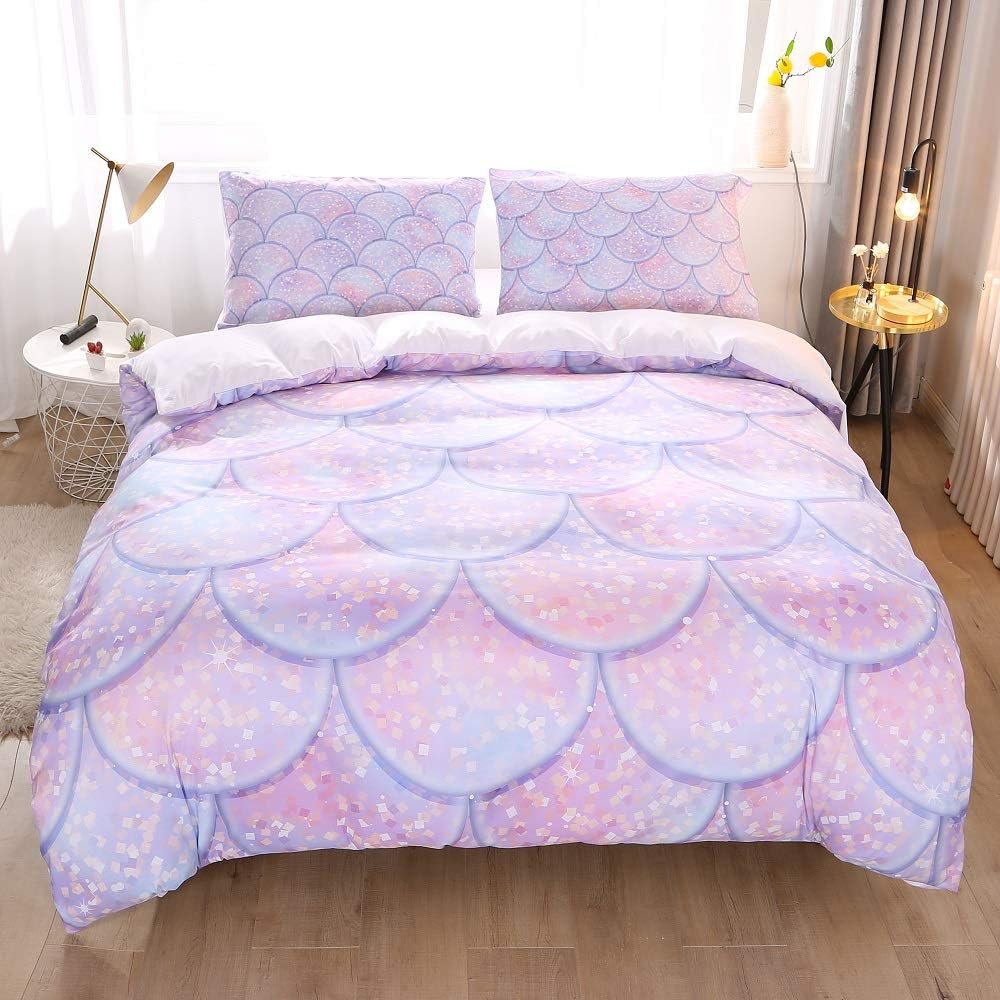 KINBEDY Colorful Geometric Fish Scale Pattern Mermaid Duvet Cover Set Twin Size for Kids Girls Women Bedding Sets Soft Microfiber Lightweight Marine Life Decorative Bedding