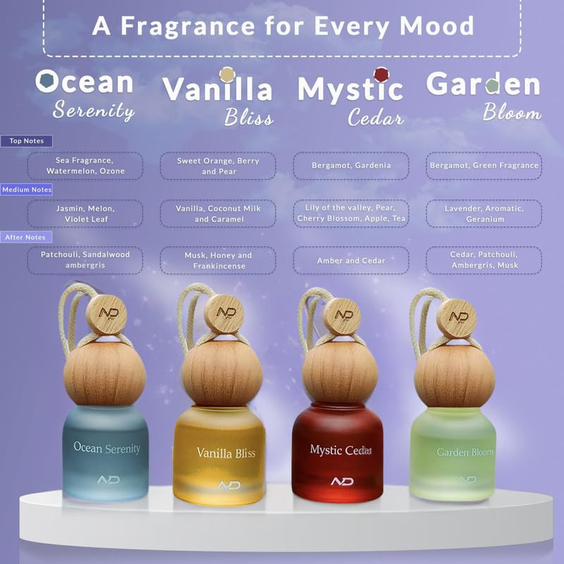 Image of NEODRIFT 'NeoBliss' (Set of 4) | (Mix) Car Hanging Diffuser Car Perfume & Air Freshener in Glass Bottle with Wooden Lid and Long Lasting Scent - 10ml