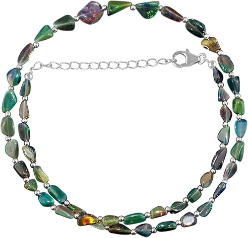 OdrillionGems Gargantilla de piedras preciosas 100% naturales, cuentas de pepitas de ópalo, plata de ley 925, cristales curativos, hecho a mano,
