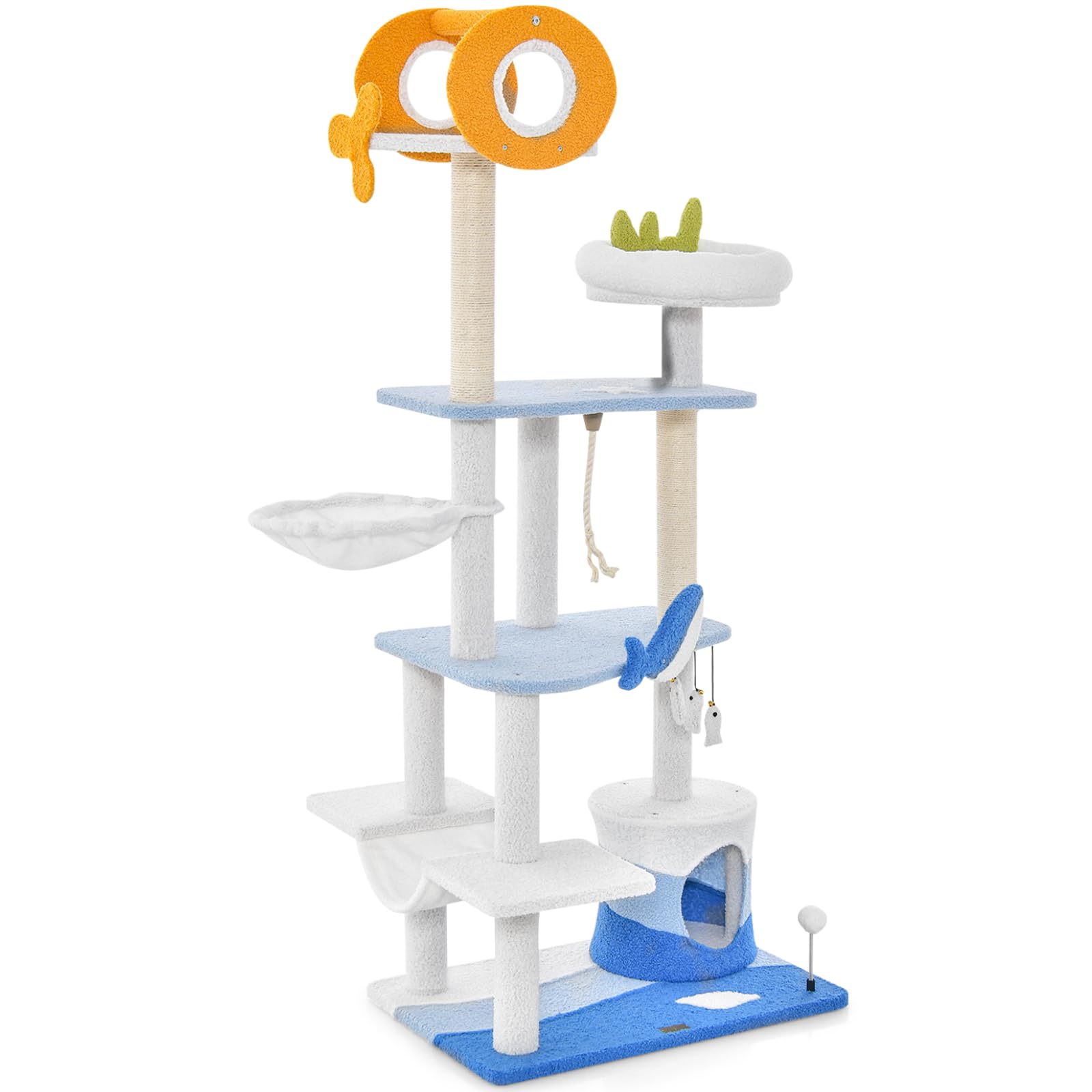 Maxmass Multi-level Cat Tree, 168cm Kitten Tower with Padded Perch, Basket Bed, Hammock, Condo, Sisal Rope Posts and Hanging Toys, Indoor Cats Climbing Frame for Bedroom Living Room Pet Store