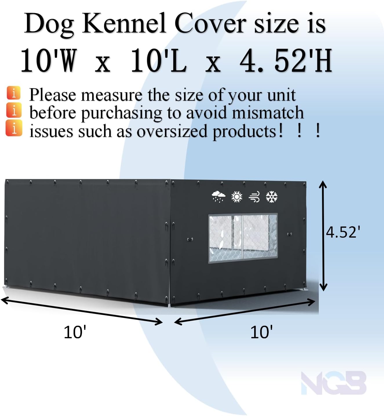 NGB Outdoor Kennel Cover Suitable for 10'W x 10'L Outdoor Kennels, with Multiple Elasticized Ball Cords, Made of 600D Waterproof Oxford Fabric, Kennel Side Cover for Winter.