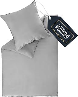 SCHÖNER WOHNEN Satin Bed Linen, 135 x 200 cm, Cotton, Grey, Luxury 2-Piece Bed Line…